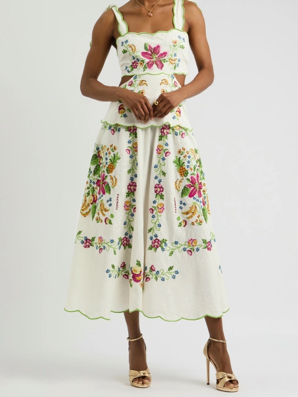 FARM Rio White Midi Dress with Multicolor Floral Embroidery
